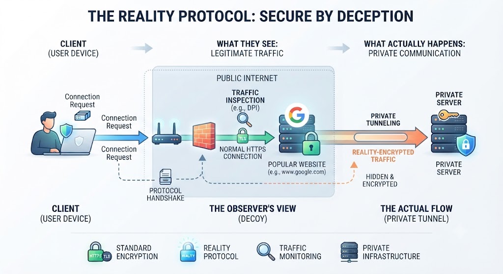Протокол Reality: для наблюдателя соединение выглядит как обычный HTTPS к популярному сайту, в реальности — зашифрованный туннель