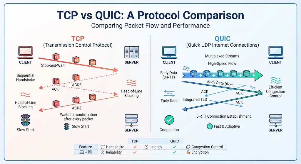 Сравнение TCP и QUIC: последовательные подтверждения TCP против мультиплексированных потоков QUIC с 0-RTT